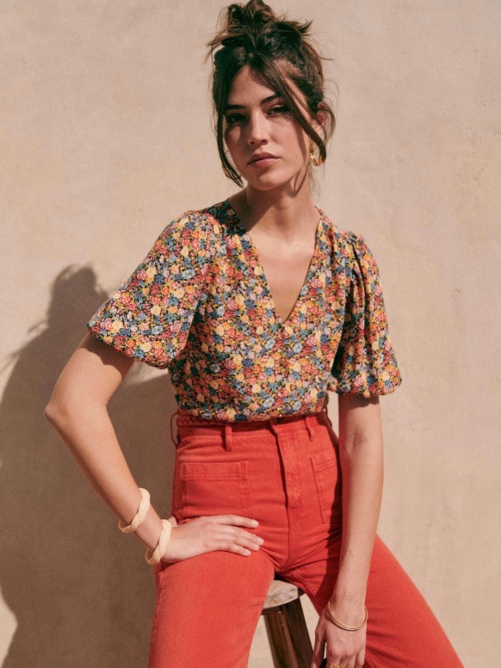 NWOT ✨ Sezane Floral V-Neck Puff Sleeve Blouse in Multicolor